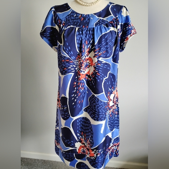 Victor Alfaro 100% Silk Navy Blue Floral Shift Dress Colorful Day Evening Sz 10 - Picture 3 of 16